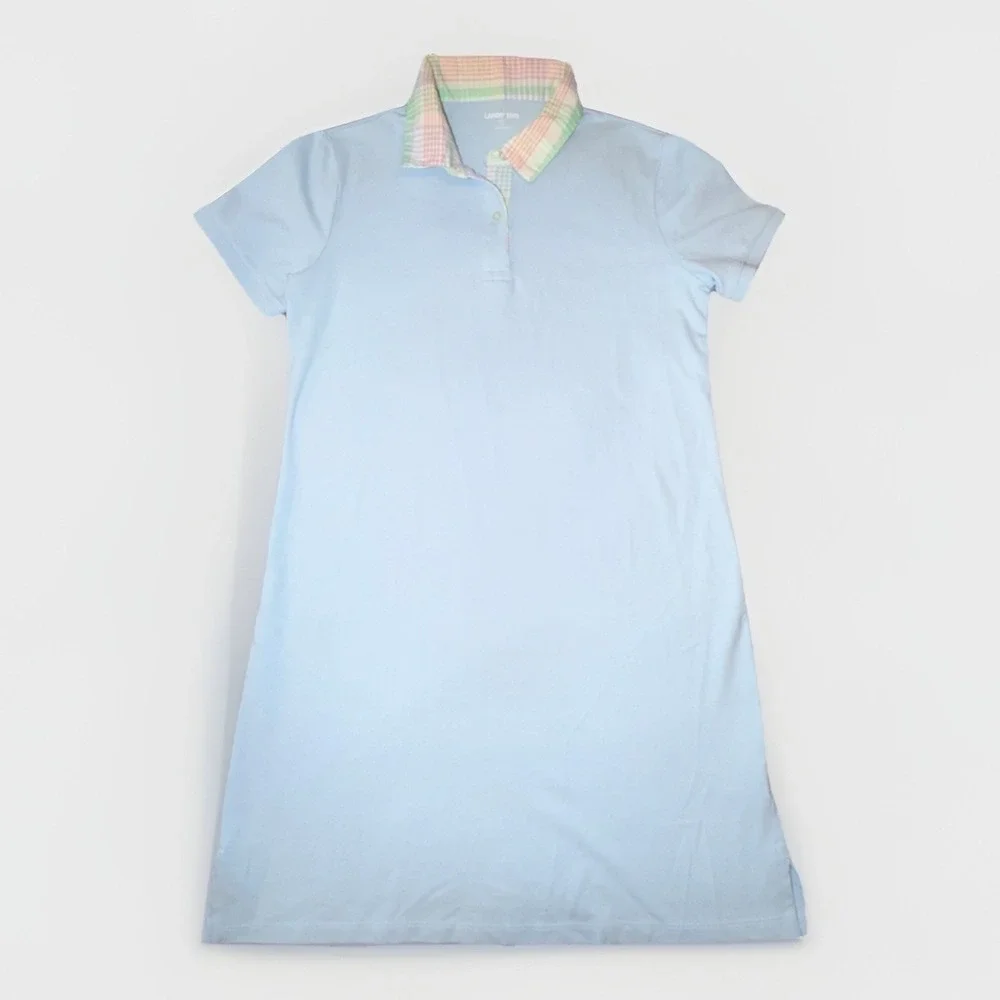 Lands' End Women's Small Light Blue Short Sleeve Plaid Collared Polo Shirt Dress - Picture 3 of 7